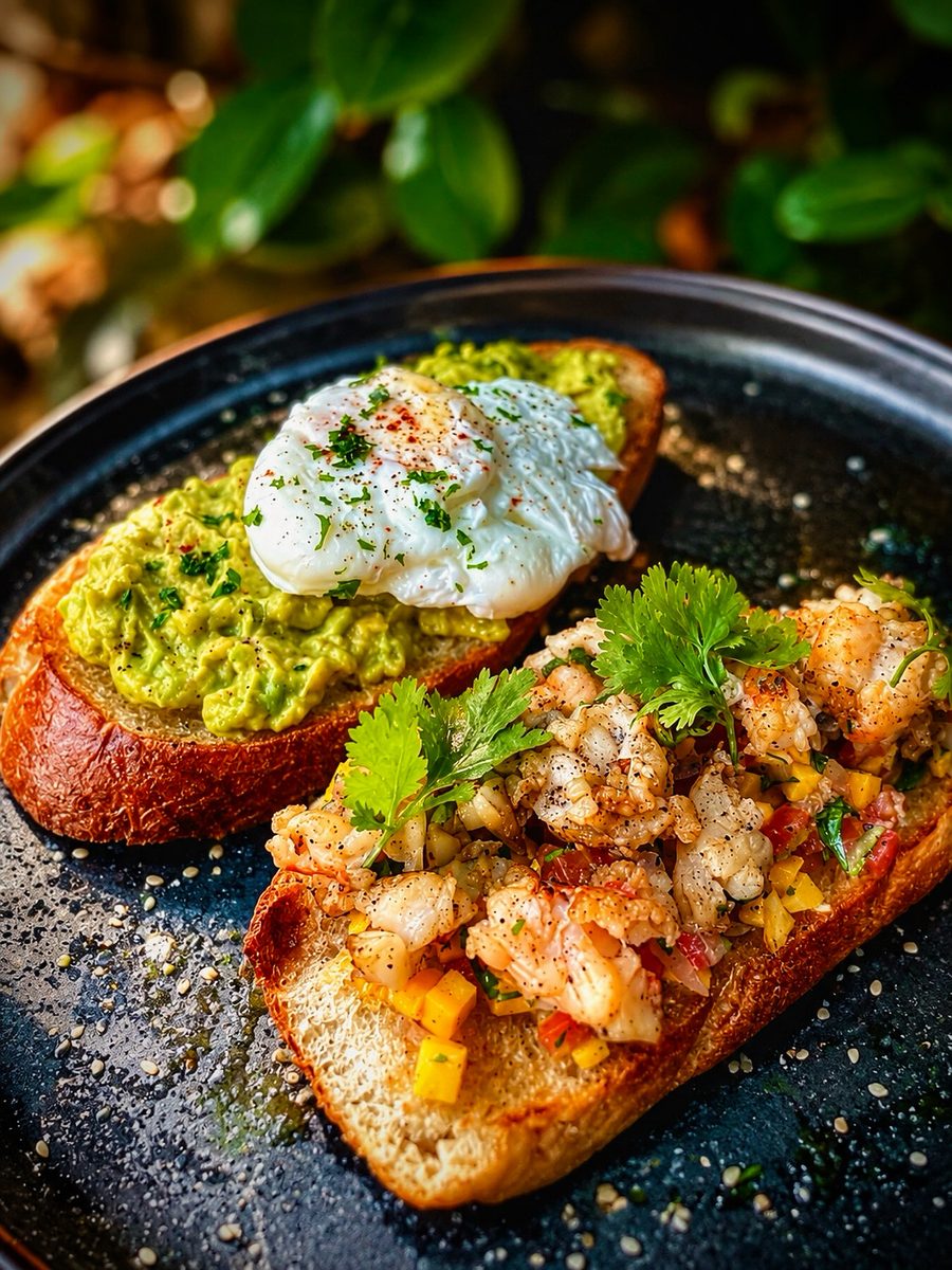 Smashed avocado toast with a poached egg and seafood topping at Taprobane Table, Colombo