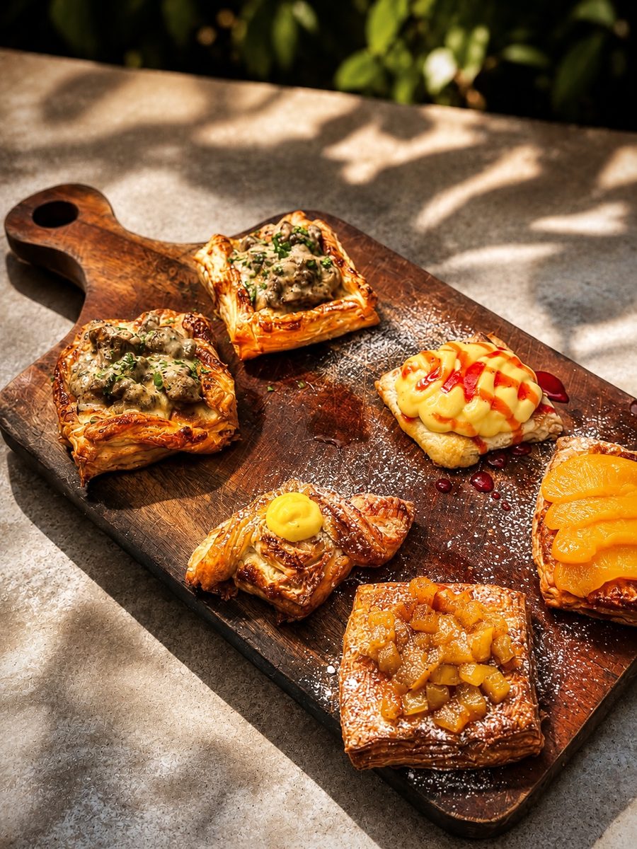Freshly baked breakfast pastries on a wooden board at Taprobane House