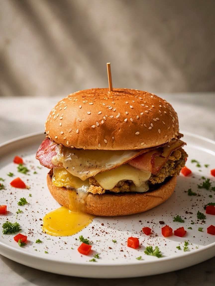 House burger with fried egg, cheese and bacon at Taprobane Table, Colombo