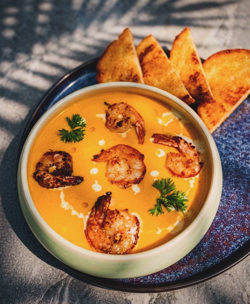 Prawn bisque with chargrilled prawns and toasted flatbread at Taprobane Table, Colombo