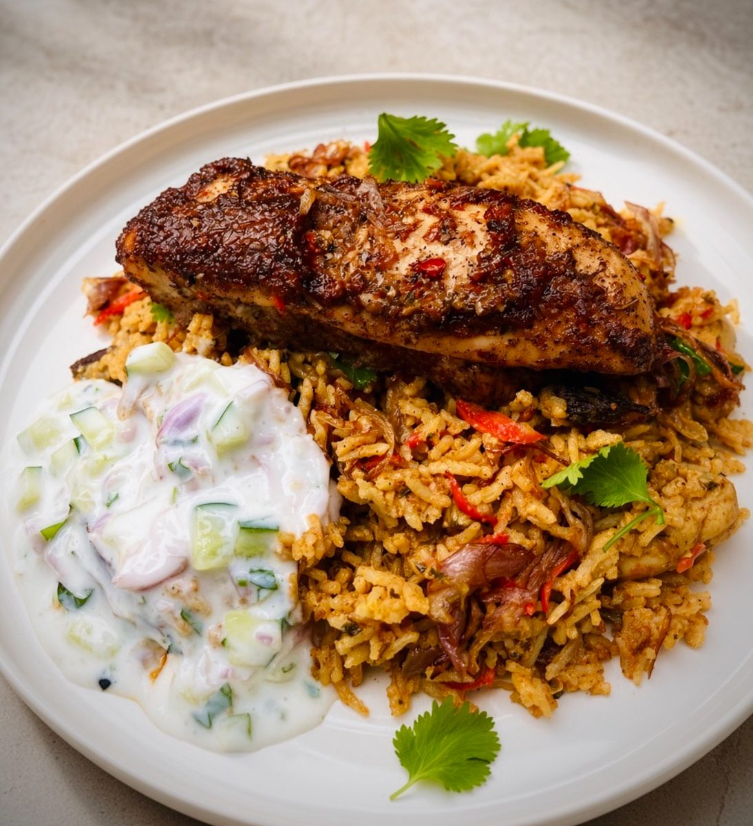 Spiced rice with grilled chicken and cucumber raita at Taprobane Table, Colombo