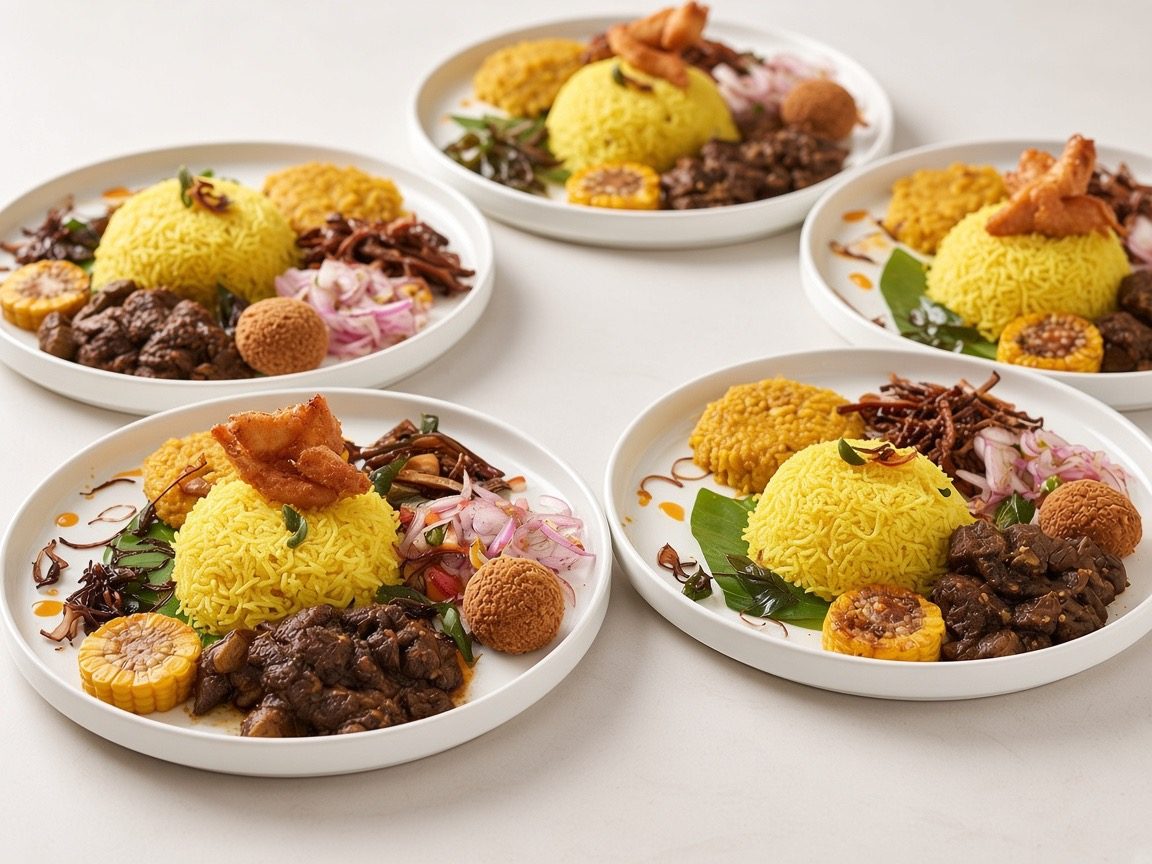 Sri Lankan yellow rice platters with curries, cutlets and sambols at Taprobane Table, Colombo